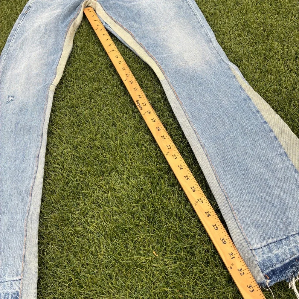 MNML Mens 30x33 Paneled Flare Jeans Light Wash Distressed Blue Cream Streetwear